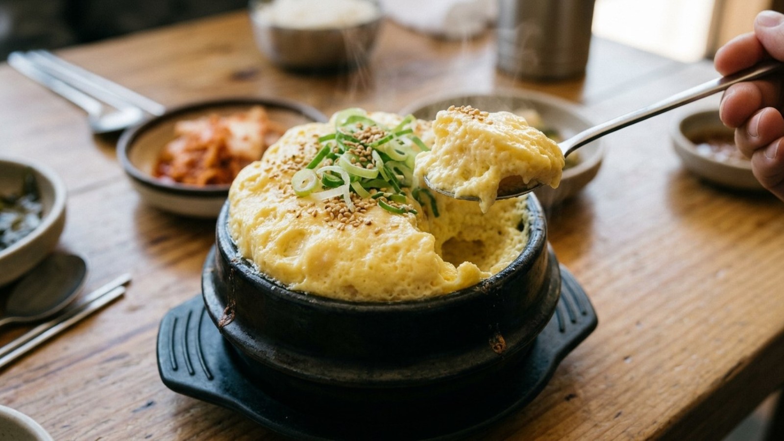 Soft food recipes: fluffy Korean steamed eggs in a small black pot