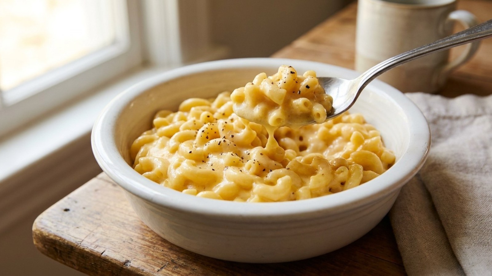 Soft food recipes: extra creamy stovetop mac and cheese in a white bowl