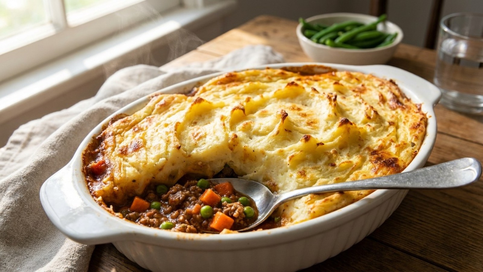 Shepherd's pie with a fluffy mashed potato top and a spoonful served