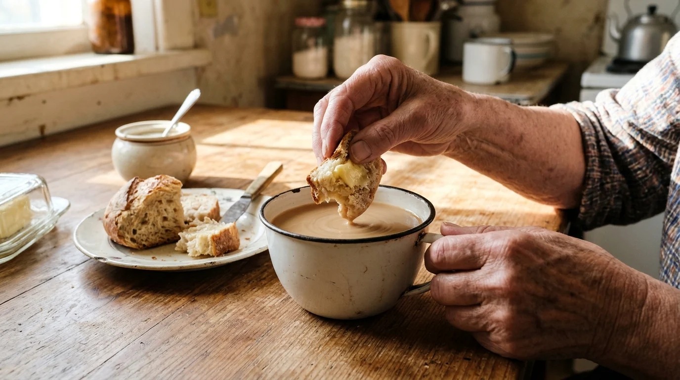 Grandmother dunking buttered bread into a cup of milky coffee, a Depression era breakfast