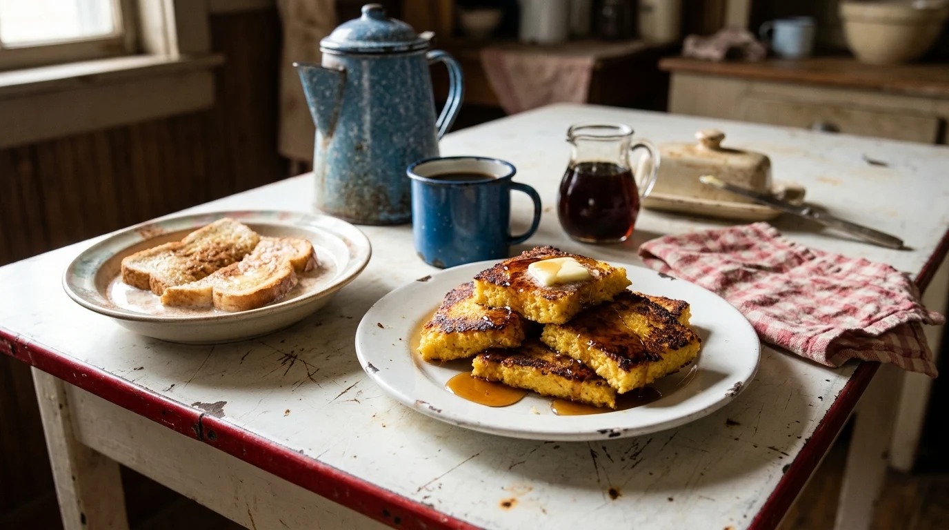 Depression era breakfasts fried cornmeal mush with syrup, milk toast and an enamel coffee pot on a farmhouse table