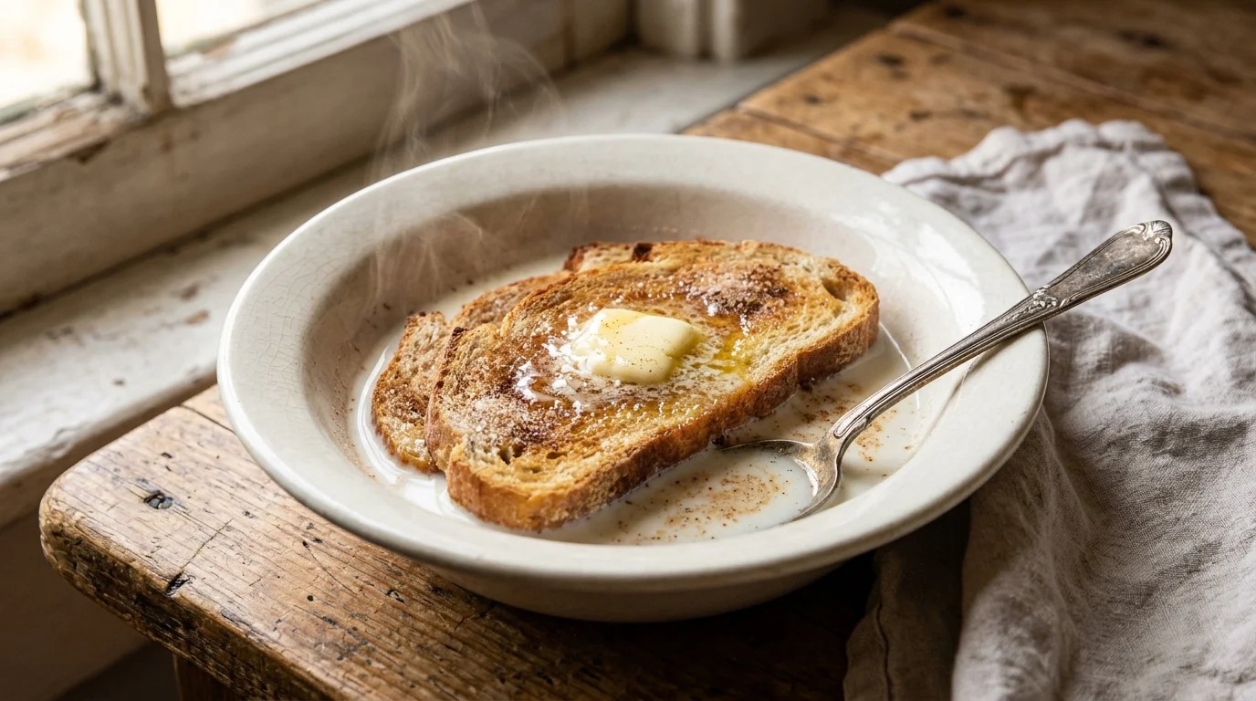 Bowl of old fashioned milk toast with melting butter and cinnamon