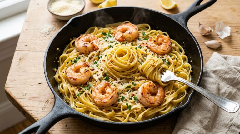 Glossy garlic butter noodles with seared shrimp in a cast iron skillet