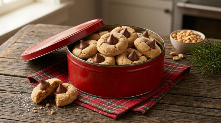 Red holiday cookie tin filled with sugar-rolled cookies topped with chocolate drops