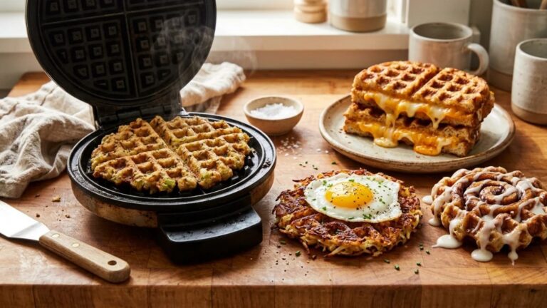 Waffle iron recipes: stuffing, grilled cheese, hash browns and cinnamon rolls made in a waffle maker